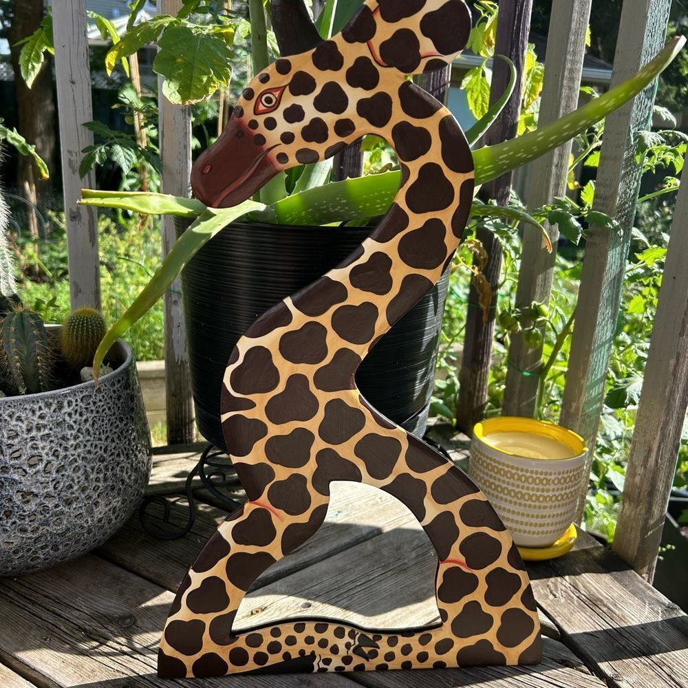 Vintage 90s Giraffe Shaped Wooden Decor Mirror Wall Hanging